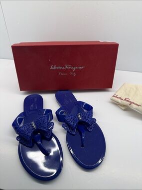 Salvatore Ferragamo Cobalt Blue Jelly Bow Thong Sandals